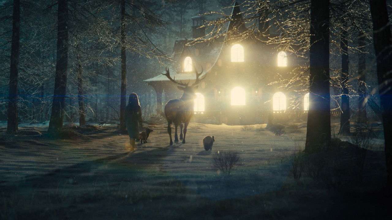 Disclosure Day: a child and a stag before a house glowing in a snowbound forest.